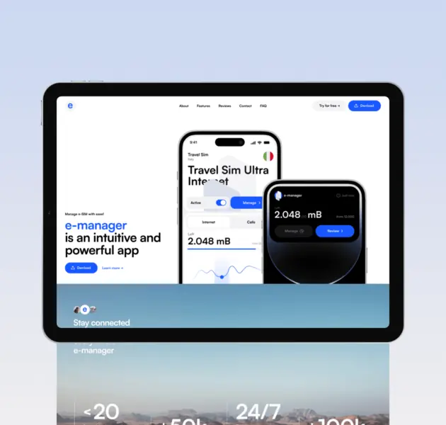 E-manager – promo website for mobile app for e-sim management - Website Development - Photo 2