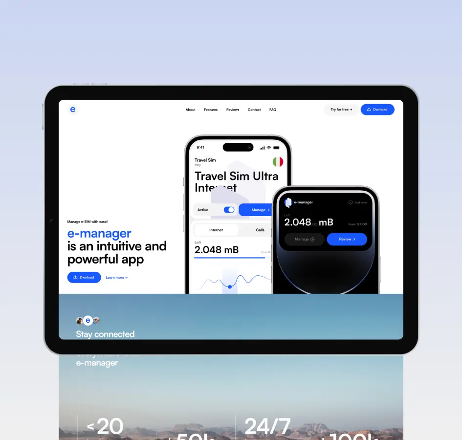 E-manager – promo website for mobile app for e-sim management - image cover